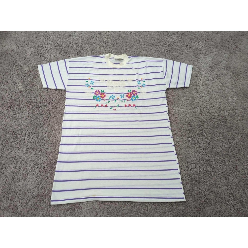 Jump Vintage Nightgown Womens XL White Purple Striped Floral Lace Good T-Shirt